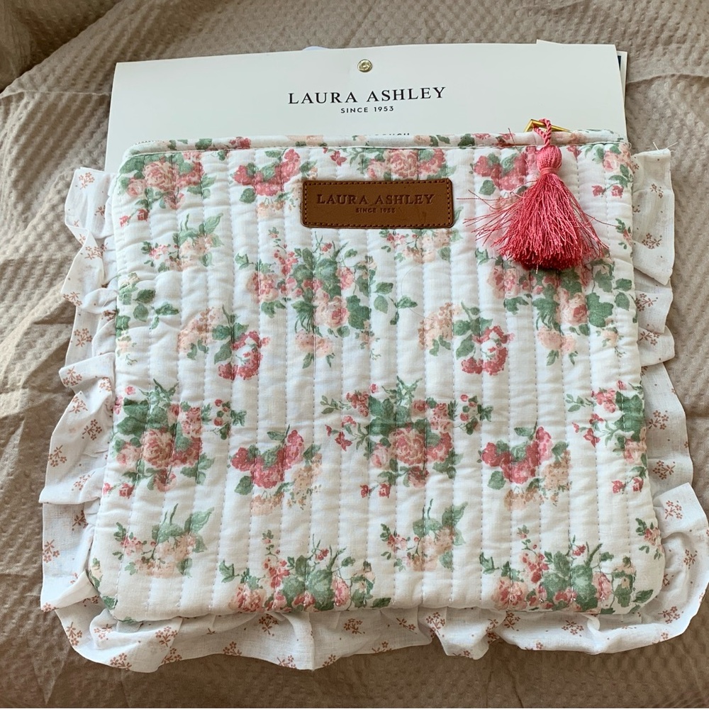 Laura Ashley Pink and Green Floral Quilted Make up bag with Ruffle Trim